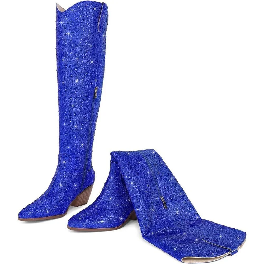 Women Blue Faux Leather Sparkly Bling Rhinestone Over the Knee Cowboy Boots